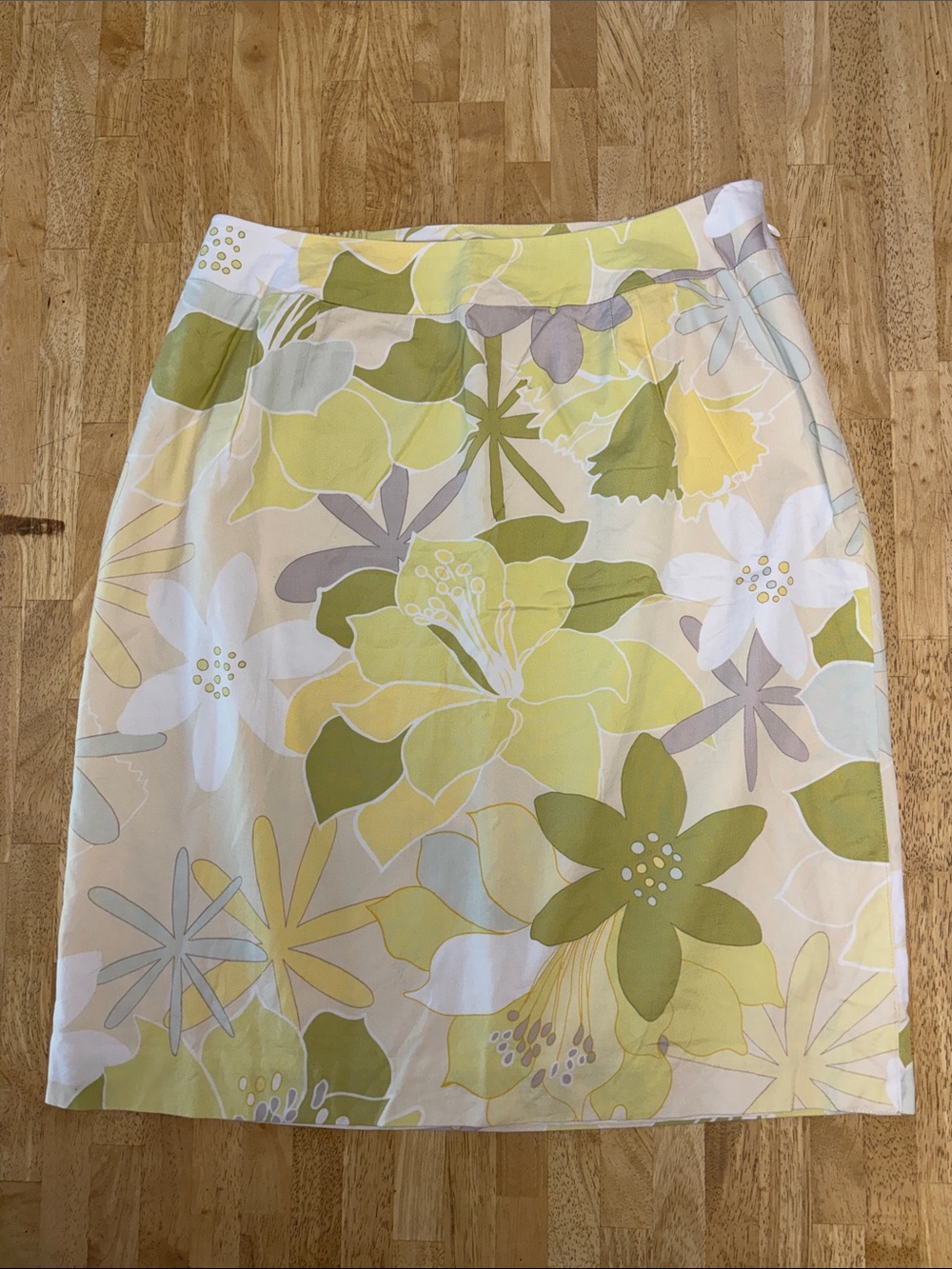 Vintage Talbots 100% Cotton Yellow & Green Graphic Floral A-Line Skirt